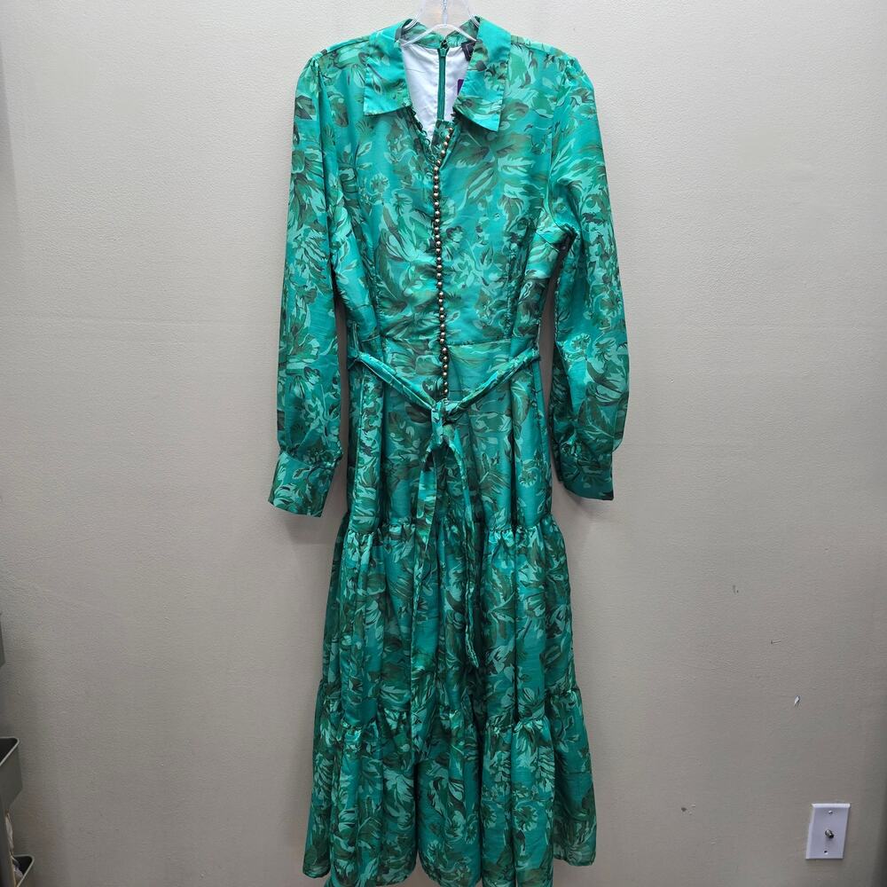 Camellia Bohemian Floral Tiered Maxi Dress Green Fairycore Resortwear Size Large